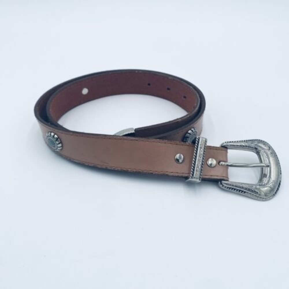 Omega Leather Belt Tan with Silver Tone & Aqua Detail Size Large Vintage Taiwan
